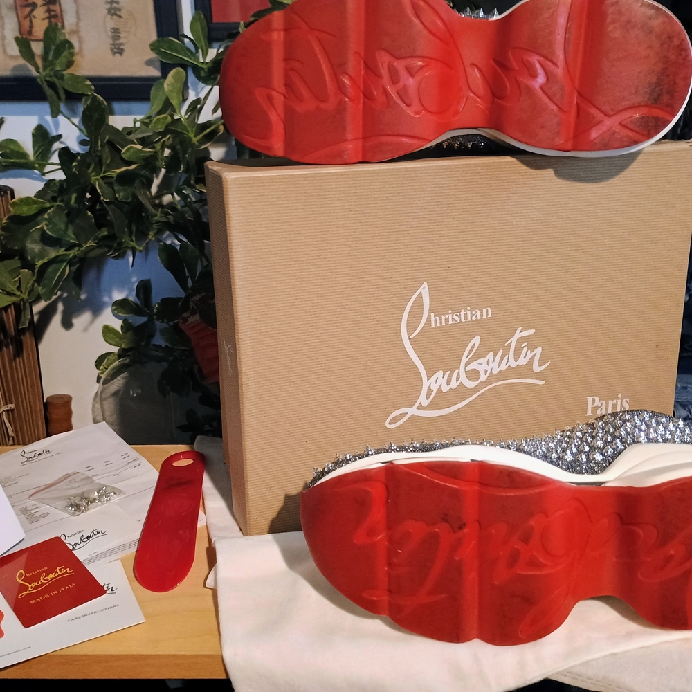 Christian Louboutin Silver and Red Spiked Sneakers Men's Size 12 - Picture 7 of 12
